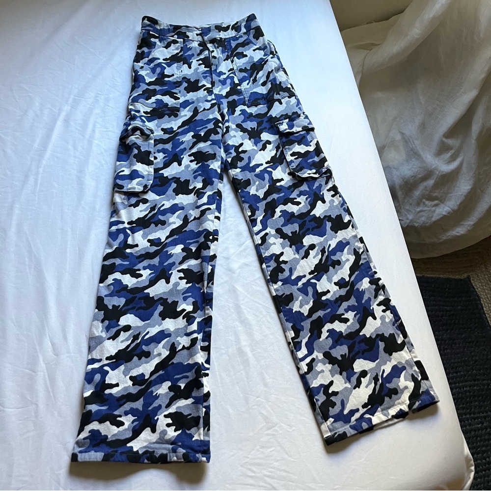 I AM GIA blue camo suede brushed high rise wide leg utility cargo pants
